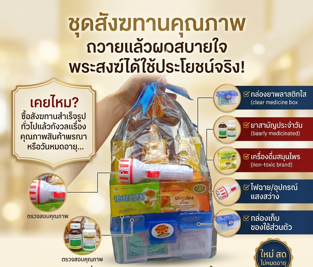 ชุดถวายสังฆทาน คัดสรรของใช้ที่จำเป็นสำหรับพระสงฆ์ เหมาะสำหรับถวายในวันพระ วันเกิด วันครบรอบ หรือโอกาสสำคัญต่าง ๆ  ✨ สะดวก พร้อมถวาย ✨ ของใช้จำเป็น คุ้มค่า ✨ เหมาะสำหรับทำบุญด้วยตนเองหรือเป็นของฝาก  ร่วมส่งต่อการให้ด้วยการถวายสังฆทานในวันพระ เพื่อเป็นส่วนหนึ่งของการสนับสนุนสิ่งของที่พระสงฆ์สามารถนำไปใช้ประโยชน์ได้จริง